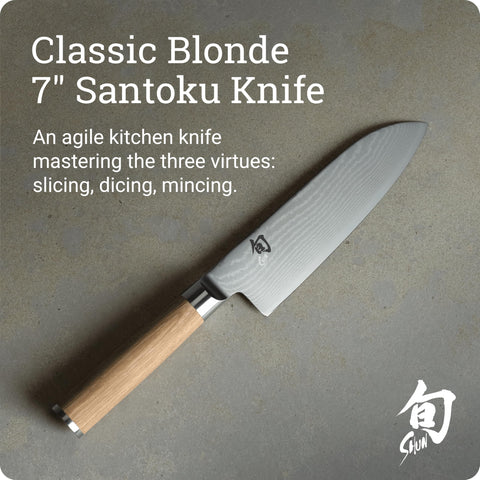 Shun Classic Blonde Santoku 7, corte de proteínas con control seguro.