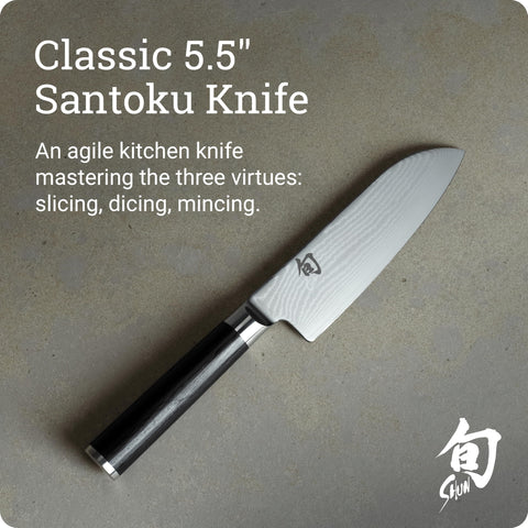 Shun Classic Santoku con acero VG-Max, filo duradero para tareas diarias.