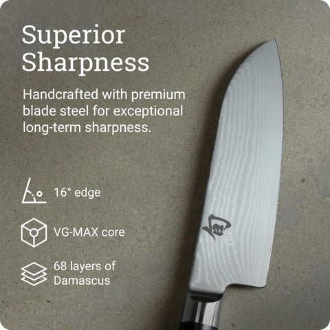 Shun Classic Santoku, afilado de 16 grados, cortes limpios y precisos.