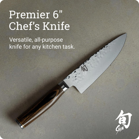 Shun Premier 6'' cuchillo chef, detalle hoja damascus para filo duradero