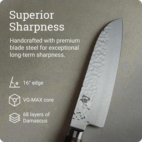 Shun Premier Santoku ideal para carnes y vegetales con precisión.