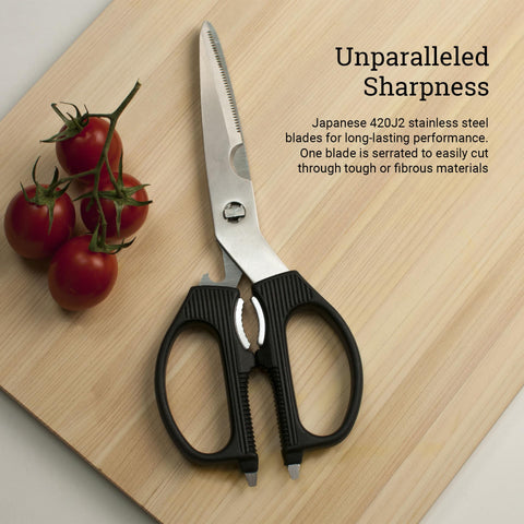 Tijeras Shun con abre-latas y tapas, práctico para frascos.