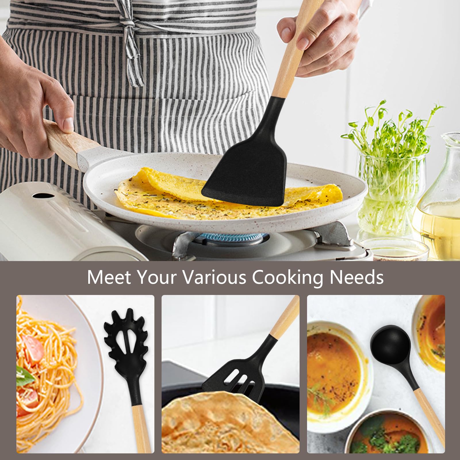 SHUNIKING espátulas y cucharas ergonómicas de silicona para mezclar y cocinar
