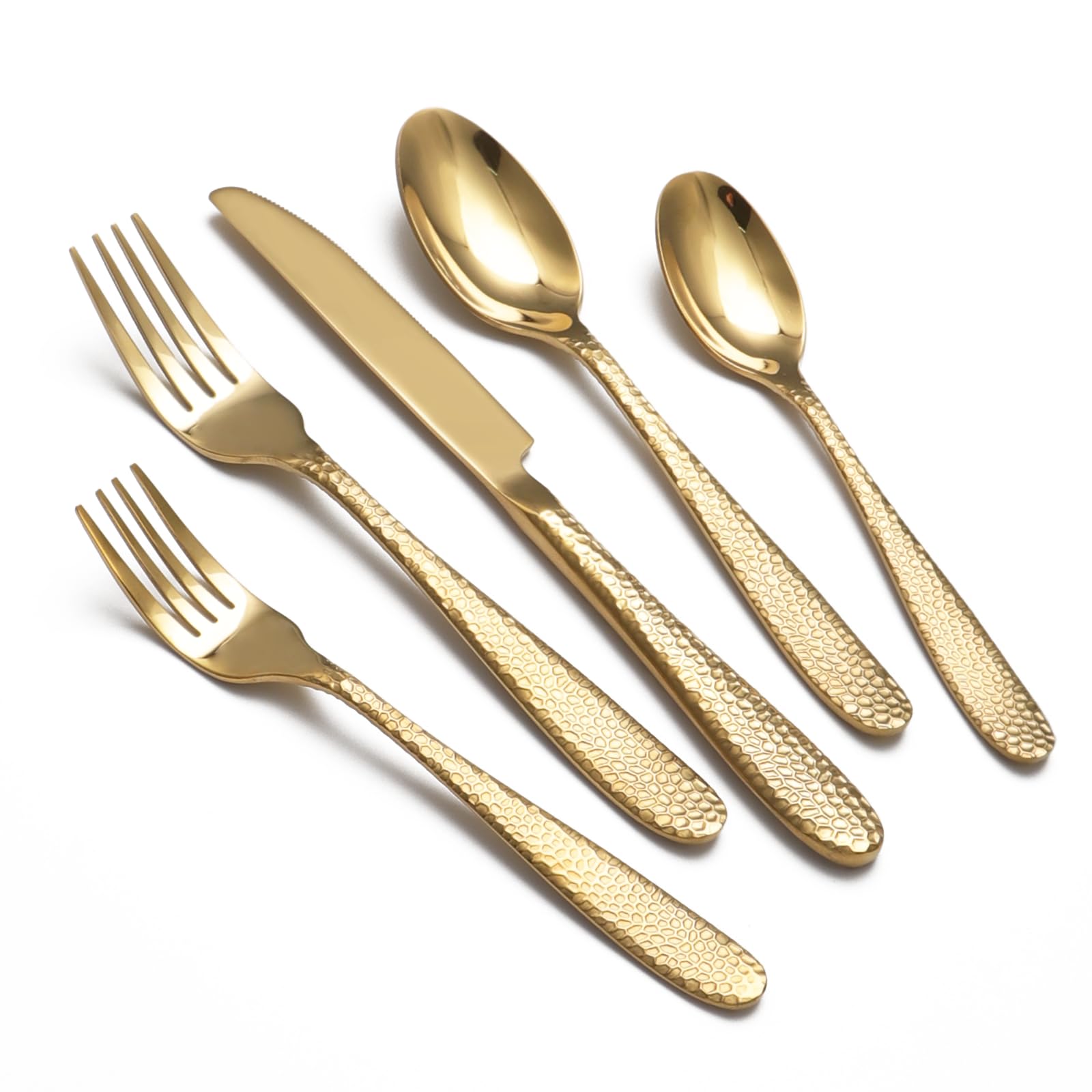 Conjunto Siaka dorados martillados, acabado distintivo para mesa elegante.