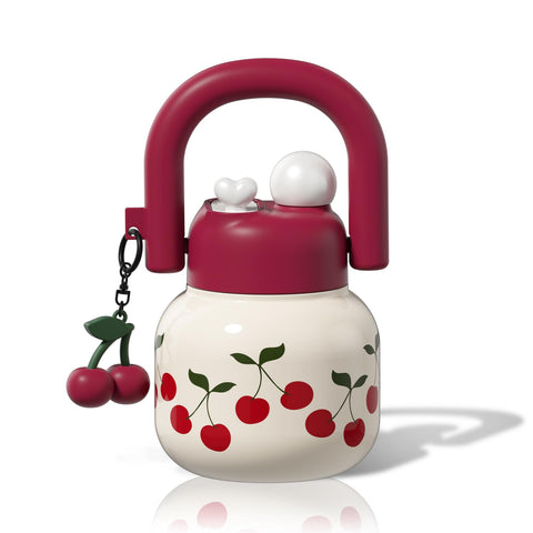 Sidagar botella con diseño único de cerezas, ideal para refrescar en casa o trabajo.
