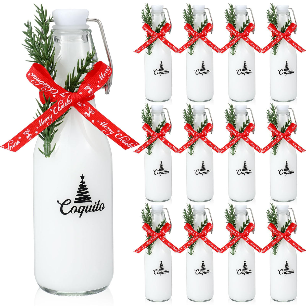 Botellas de cristal Sieral con Coquito y tapa giratoria, listas para bebidas festivas.