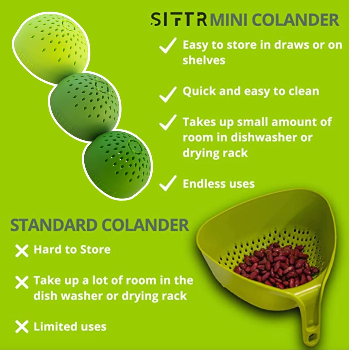 SIFTR multiuso para escurrir conservas y latas con facilidad y limpieza.