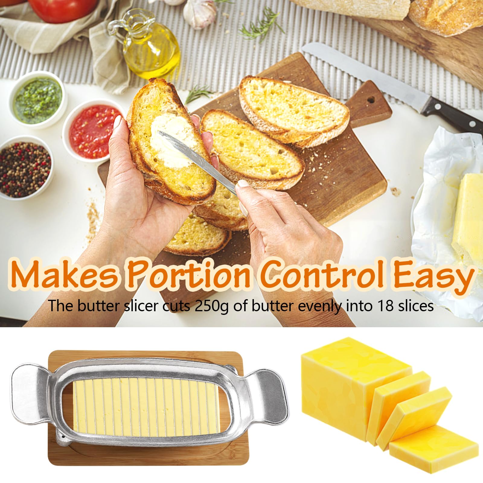 Silbingan uso múltiple corta mantequilla, queso y frutas suaves con facilidad.