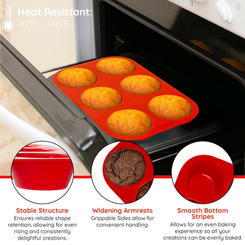Silicone Designs molde muffins con superficie antiadherente interior y exterior, limpieza fácil.