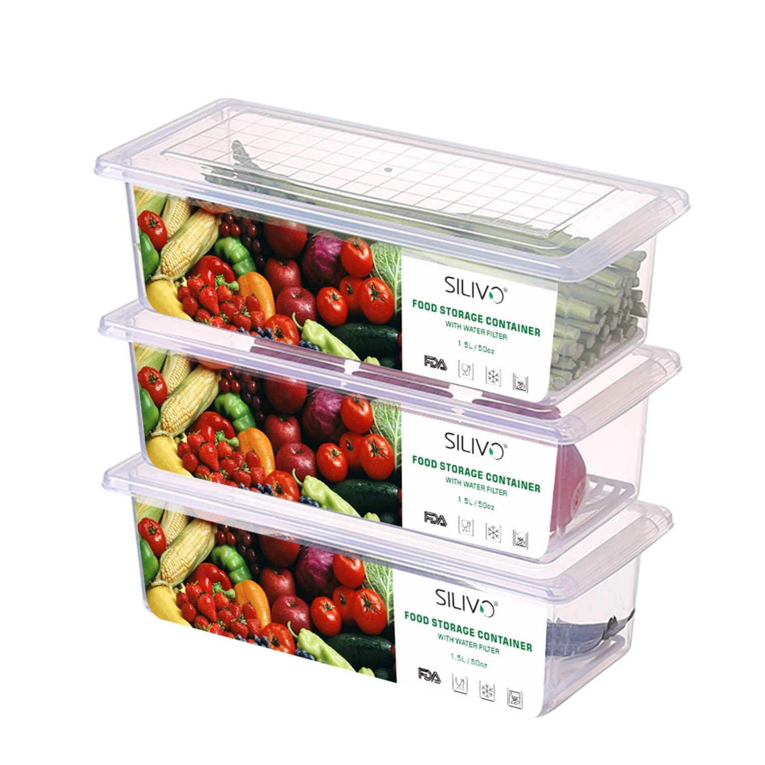 Conjunto SILIVO de tres contenedores para la nevera mantiene la fruta fresca por más tiempo.