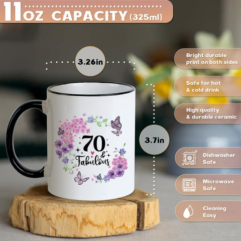 Taza Silkwishes 70 años, frente con texto visible, regalo especial.