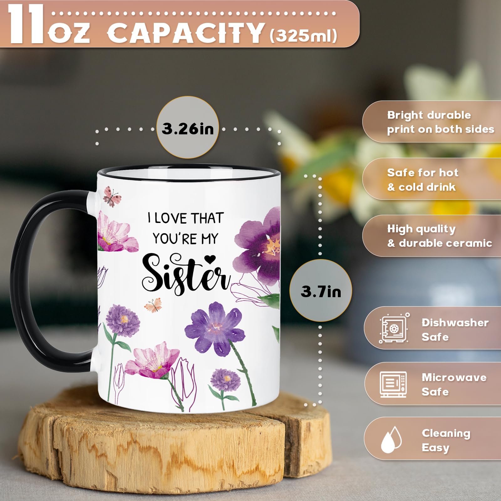 Taza Silkwishes con patron purpura, regalo elegante para hermanas.