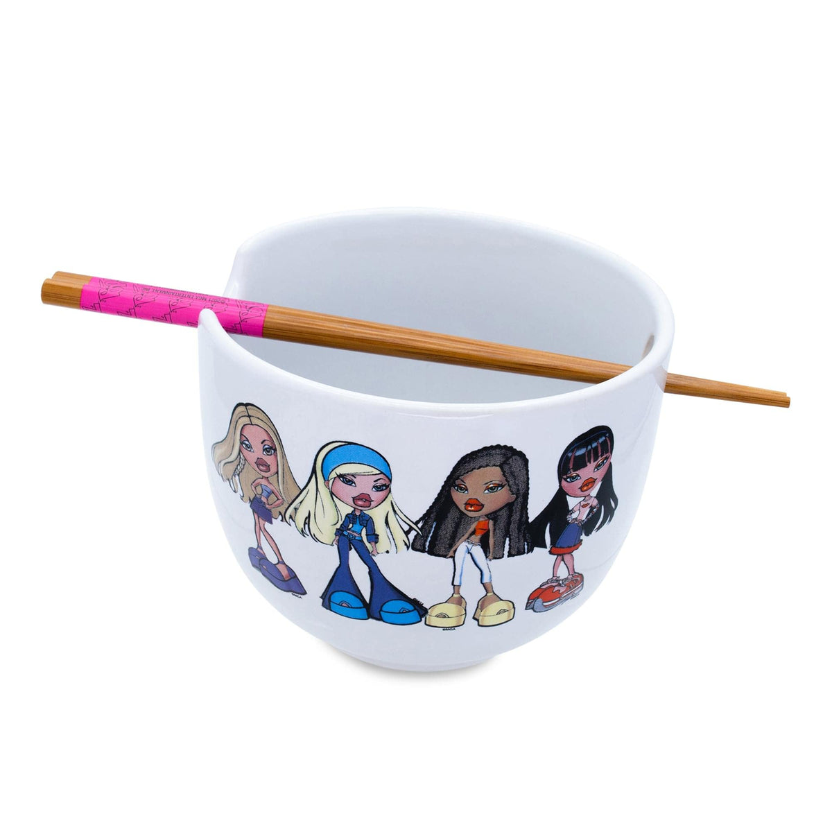 Silver Buffalo Bratz tazón ramen con palillos, ideal para cenas temáticas.