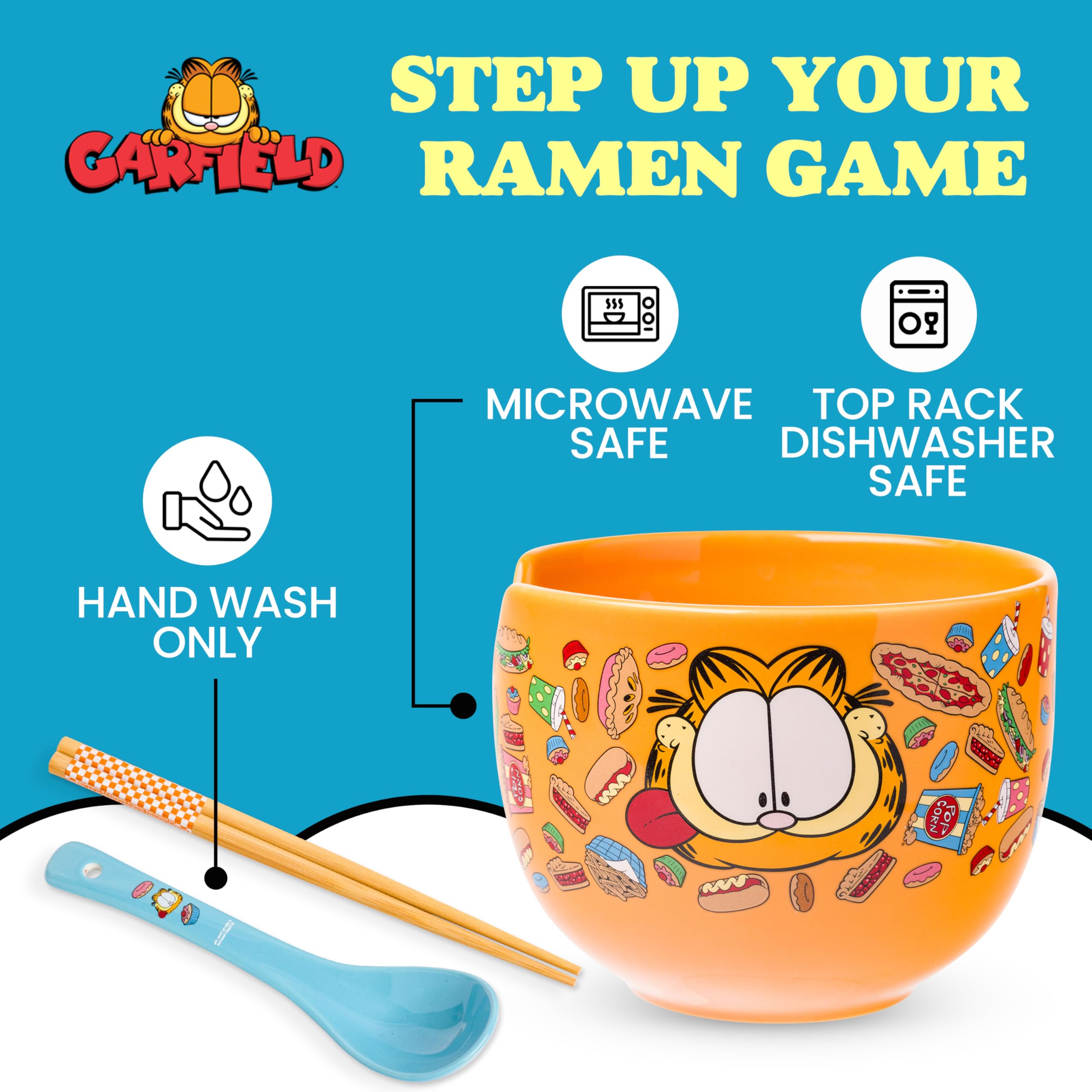 Palillos Garfield incluidos, diseño divertido para disfrutar ramen y fideos.