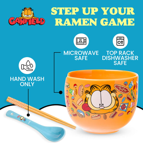 Palillos Garfield incluidos, diseño divertido para disfrutar ramen y fideos.