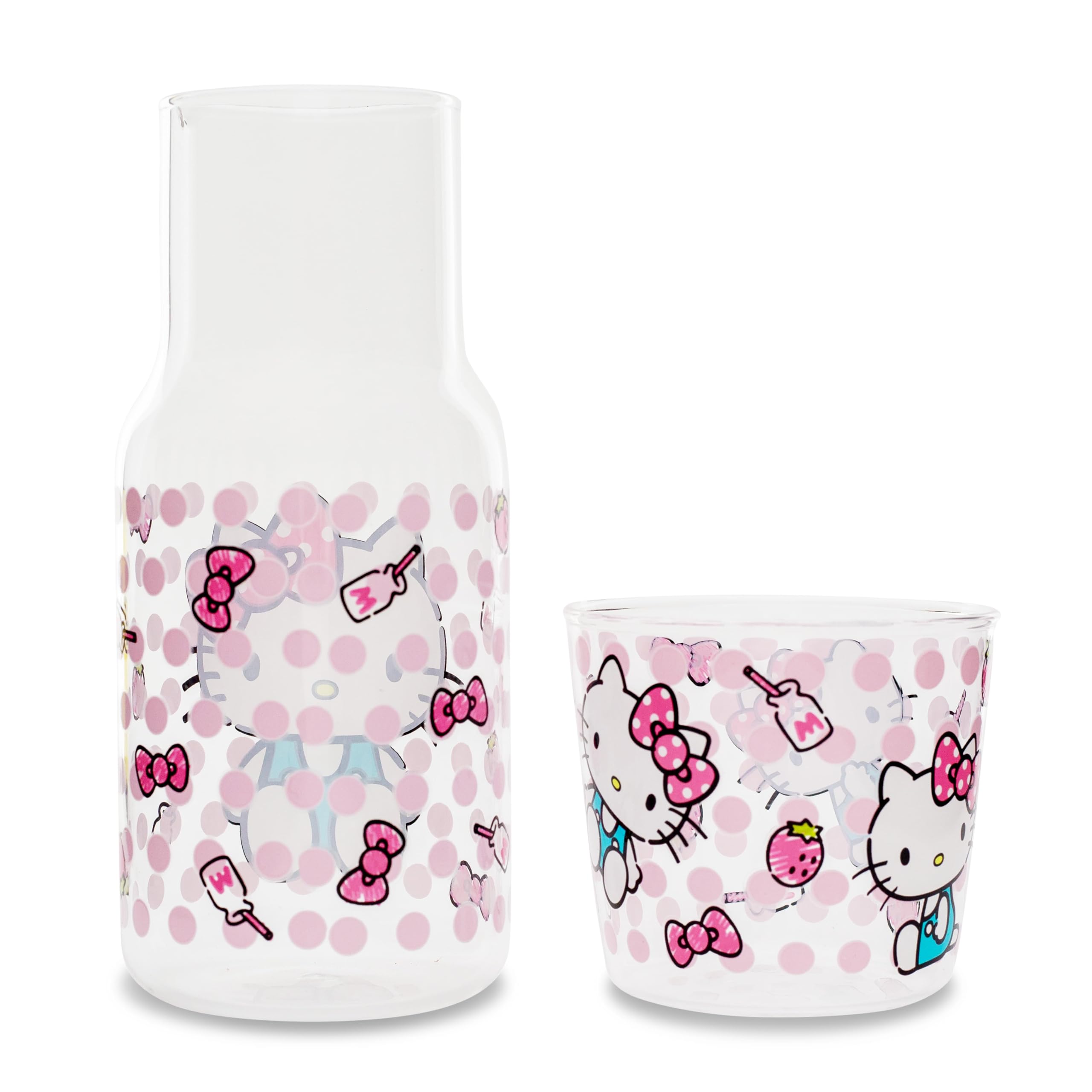 Lazo y fresas adornan Hello Kitty, toque adorable en la jarra.