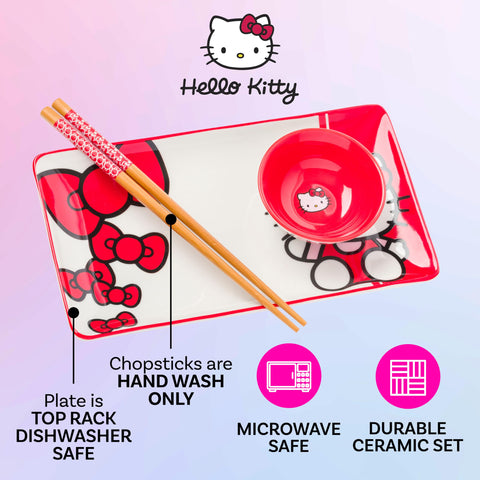Detalle-dibujo-lazo-rojo en vajilla Silver Buffalo Hello Kitty.