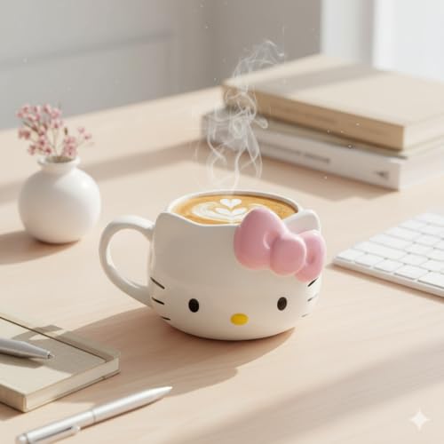 Primer plano del rostro 3D de Hello Kitty con lazo rosa en taza