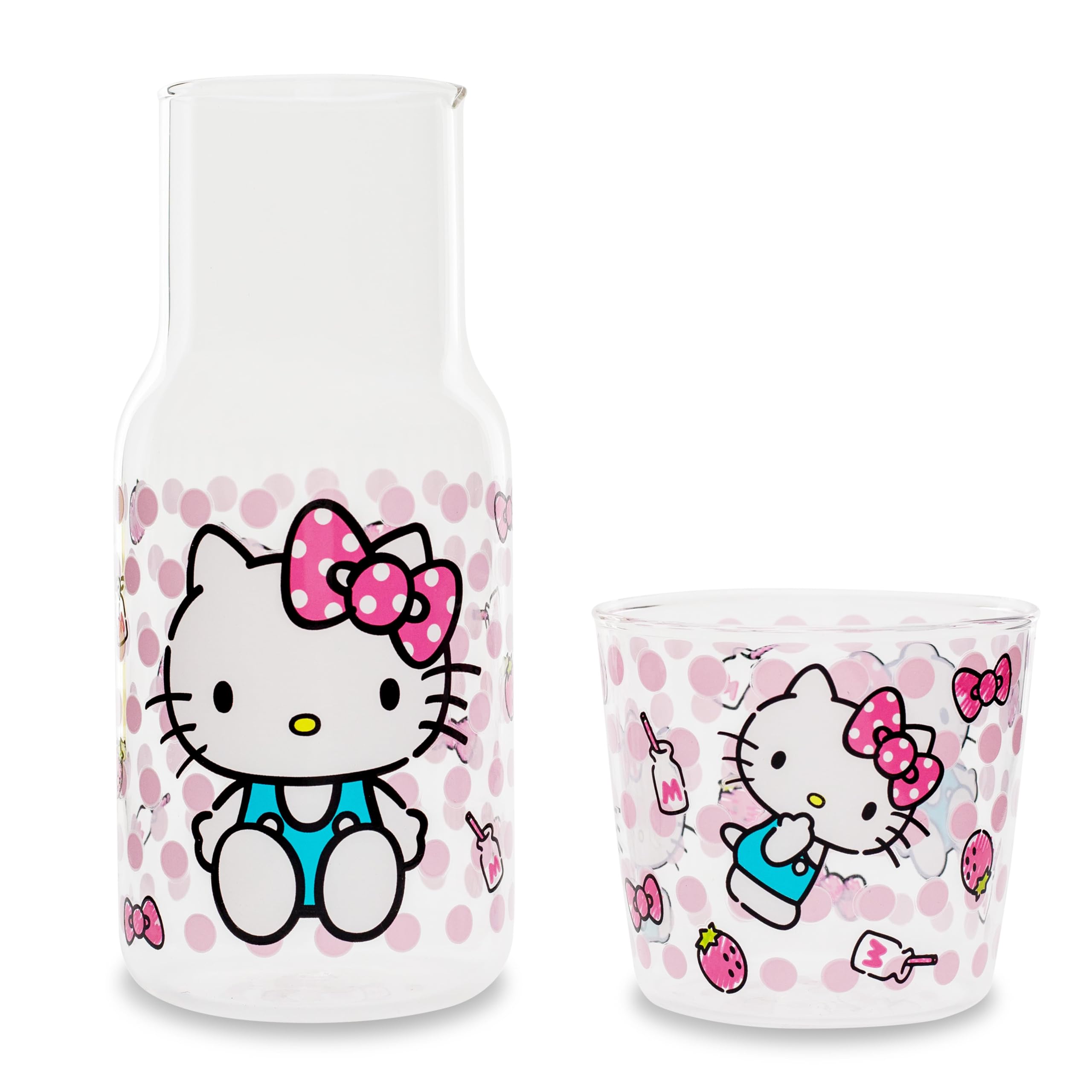 Taza de vidrio Silver Buffalo Hello Kitty de 8 oz con puntos rosas, perfecta para infusiones.