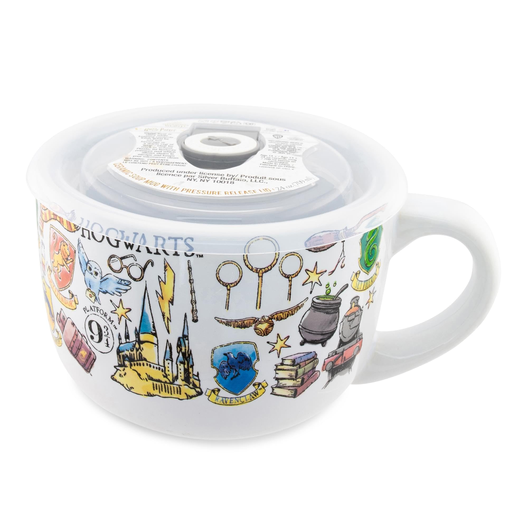 Taza cerámica Silver Buffalo Hogwarts con tapa ventilada lista para comer