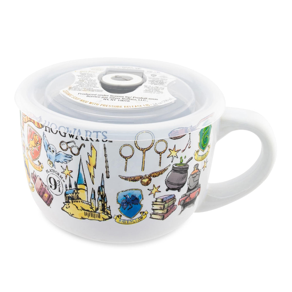 Taza cerámica Silver Buffalo Hogwarts con tapa ventilada lista para comer