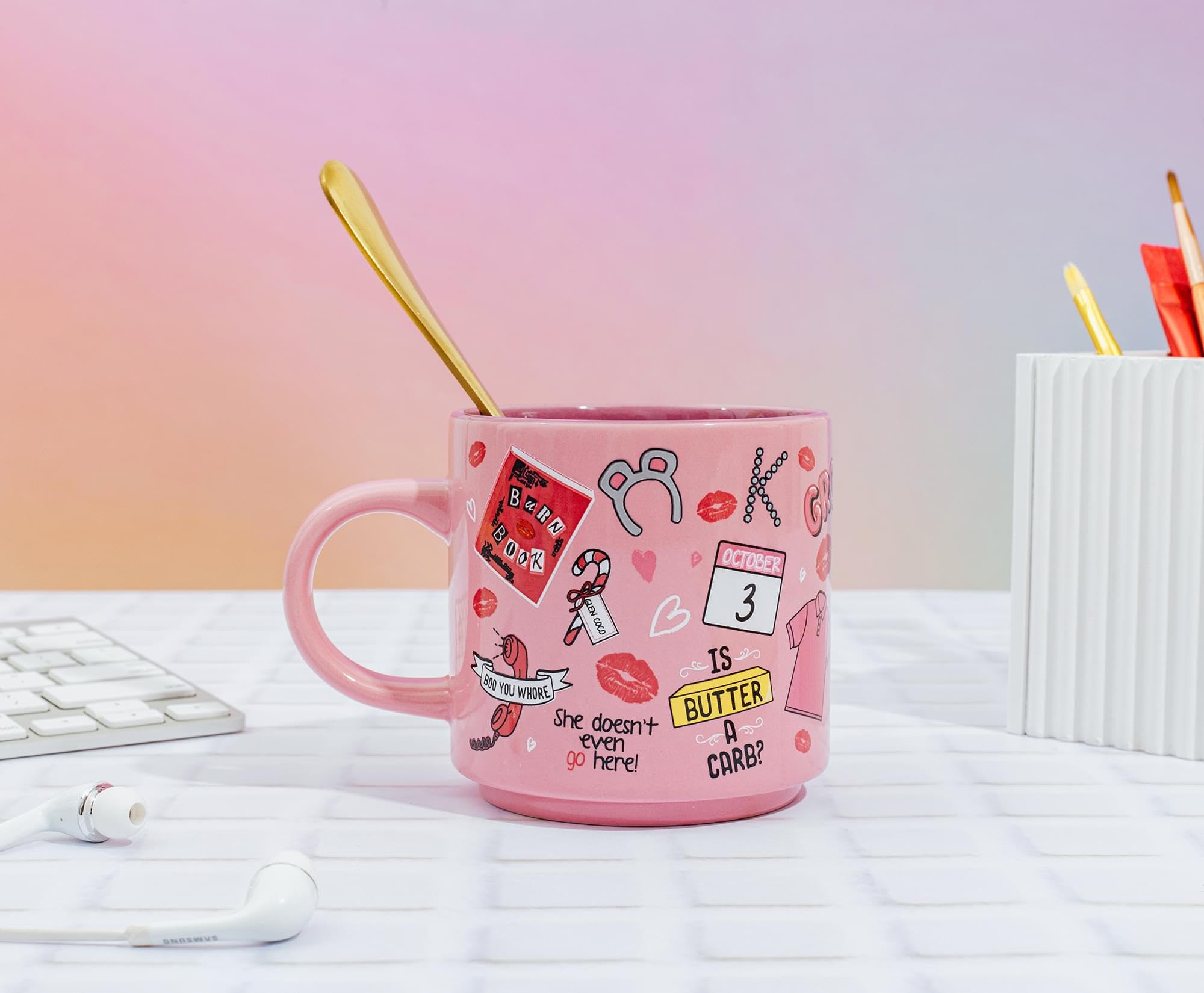 Taza Silver Buffalo Mean Girls, ilustraciones coloridas, decoración de escritorio.