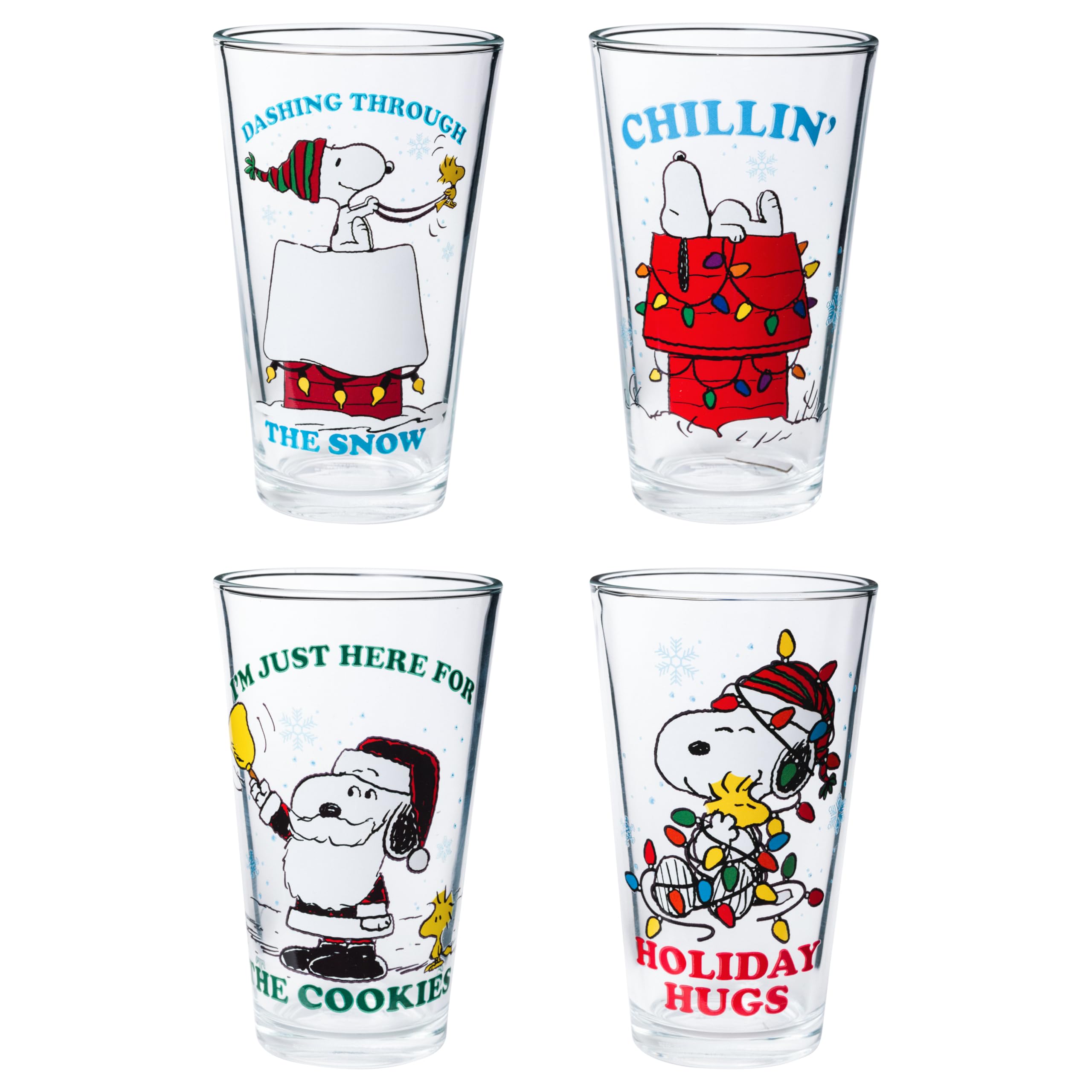 Vasos de 16 oz Silver Buffalo Peanuts Snoopy con motivo navideño, ideales para regalar.