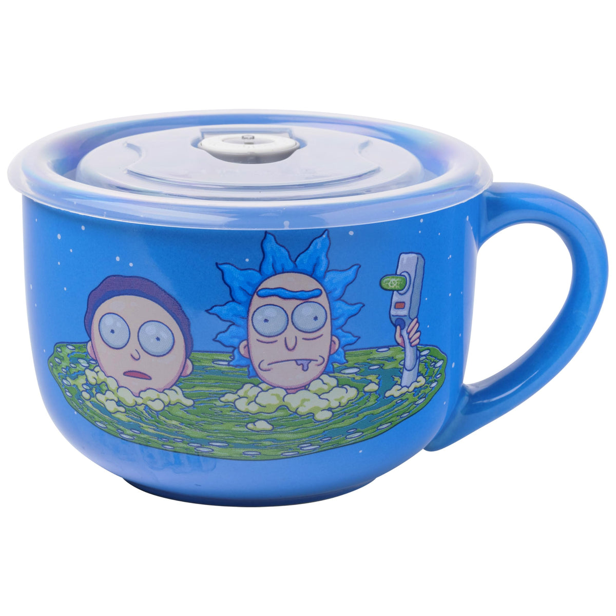 Taza Rick y Morty de Silver Buffalo con tapa ventilada, ideal para sopa caliente.