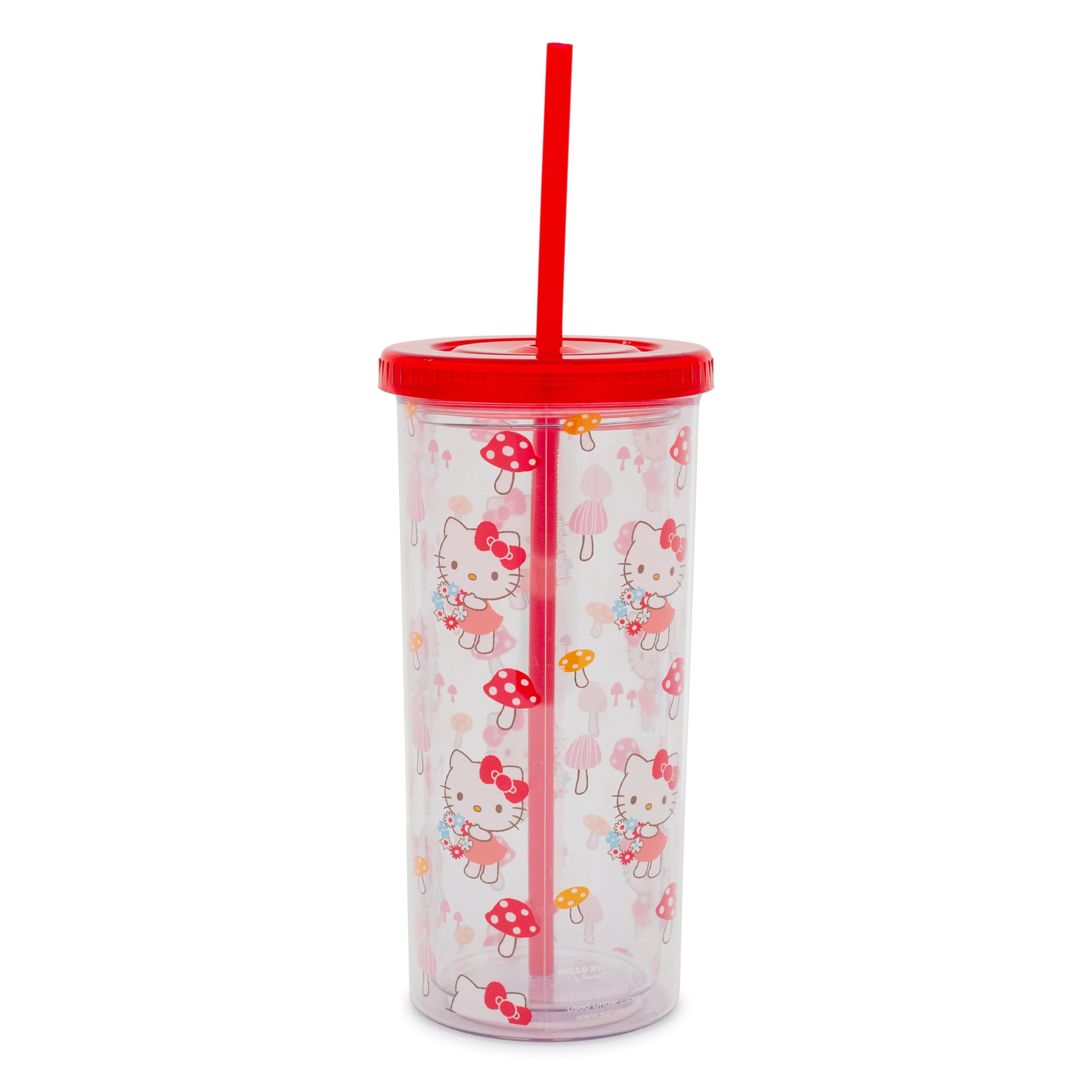 Vaso Silver Buffalo Hello Kitty decorado con vestido y hongos coloridos, ideal para viajes y excursiones.
