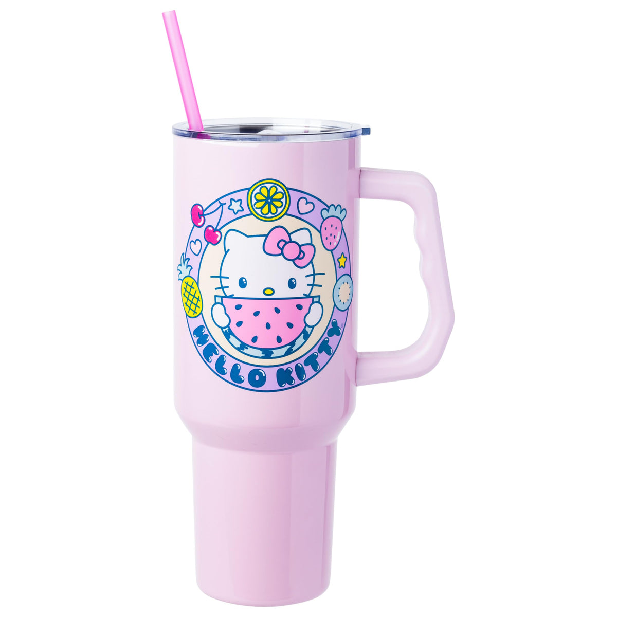 Silver Buffalo Hello Kitty: vaso doble pared con frutas, ideal para llevar.