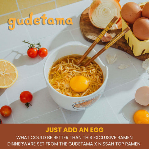 Colección oficial Gudetama x Nissin Top Ramen para fans y coleccionistas.