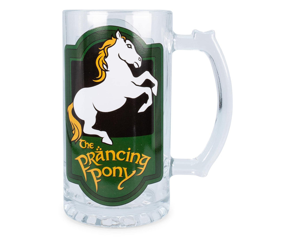 Jarra de vidrio Prancing Pony de Silver Buffalo, frente con emblema icónico y asa robusta para cervezas