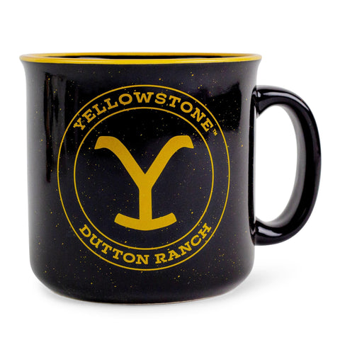 Silver Buffalo Taza camper Dutton Ranch vista frontal con logotipo naranja, ideal para café diario