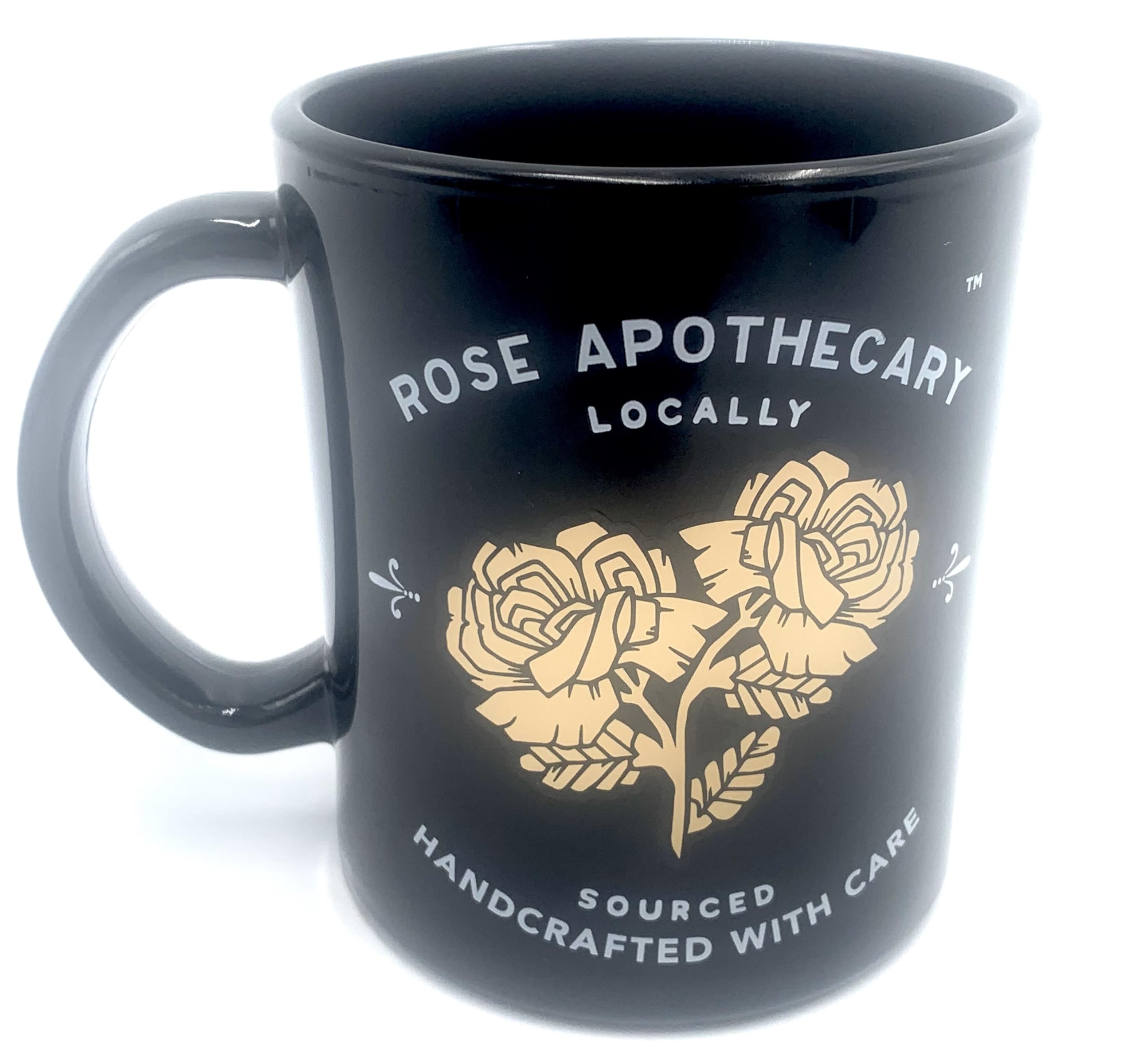 Taza negra y dorada Silver Buffalo, ideal para café o té inspirado en Rose Apothecary.