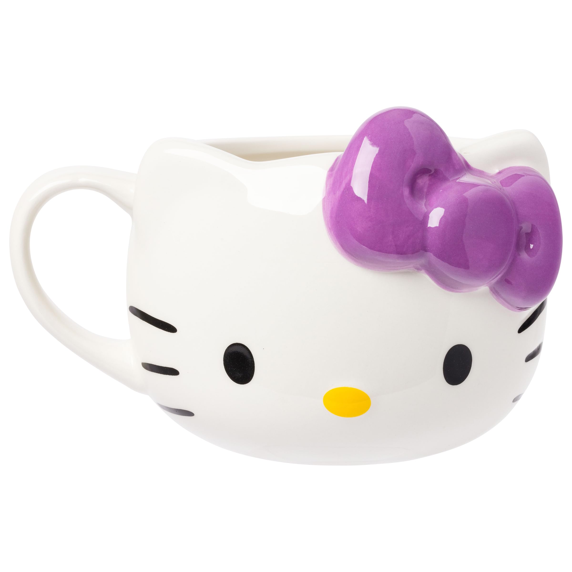 Silver Buffalo taza Hello Kitty con cara y lazo morado, perfecta para cafe.