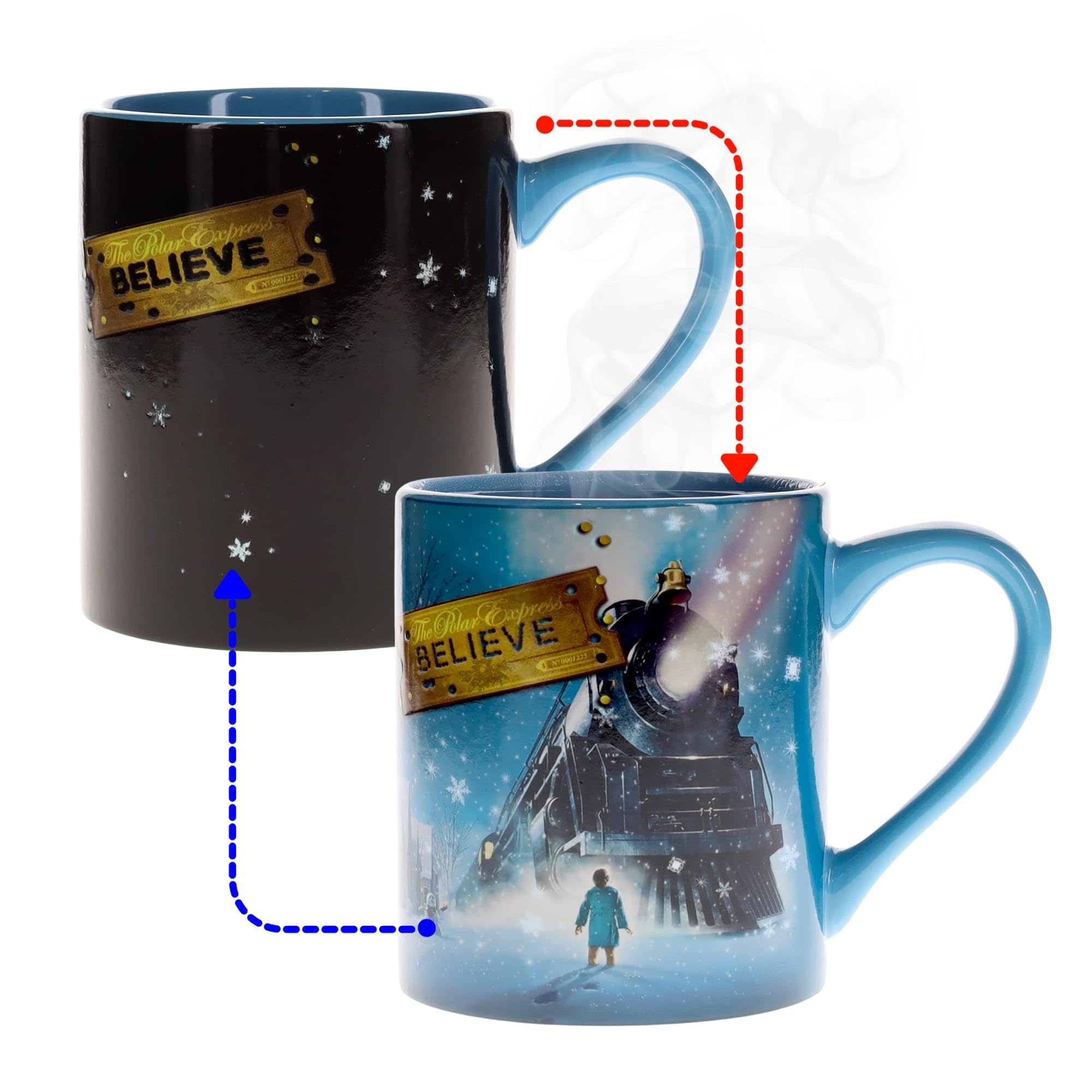 Taza Silver Buffalo Polar Express con billete y nieve, ideal para iniciar la mañana