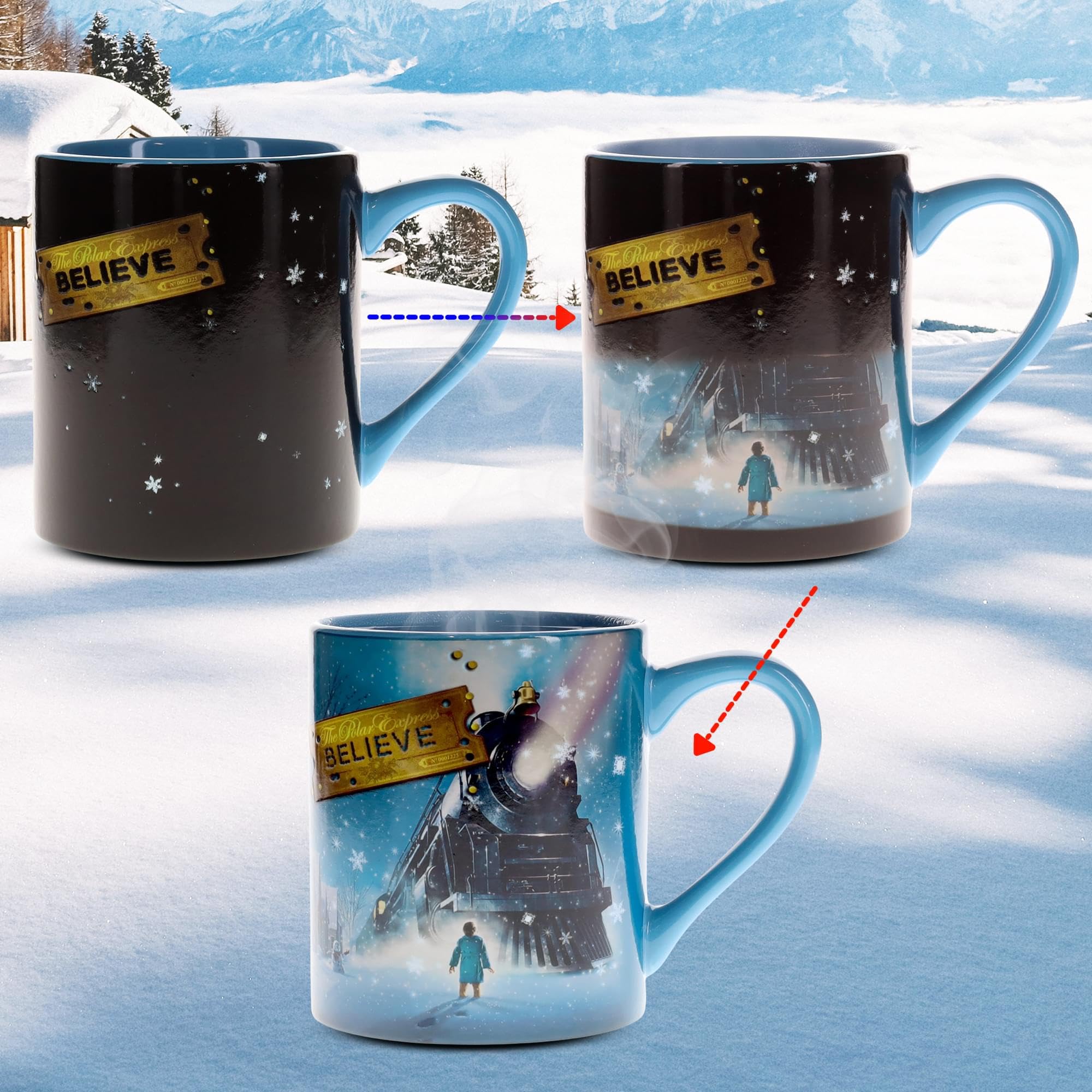 Billete Polar Express antes de calor en taza Silver Buffalo, ideal para mañanas acogedoras