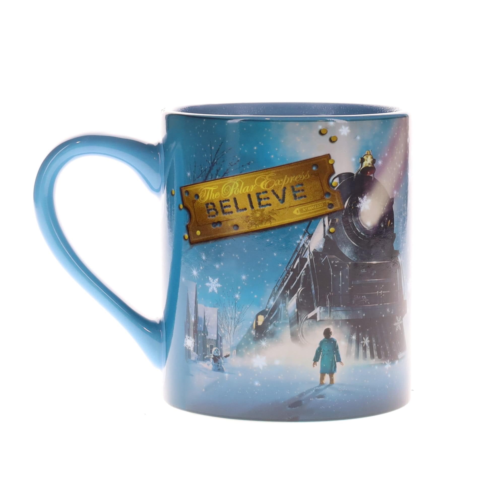 Nieve y tono festivo en taza Polar Express Silver Buffalo, ideal como regalo