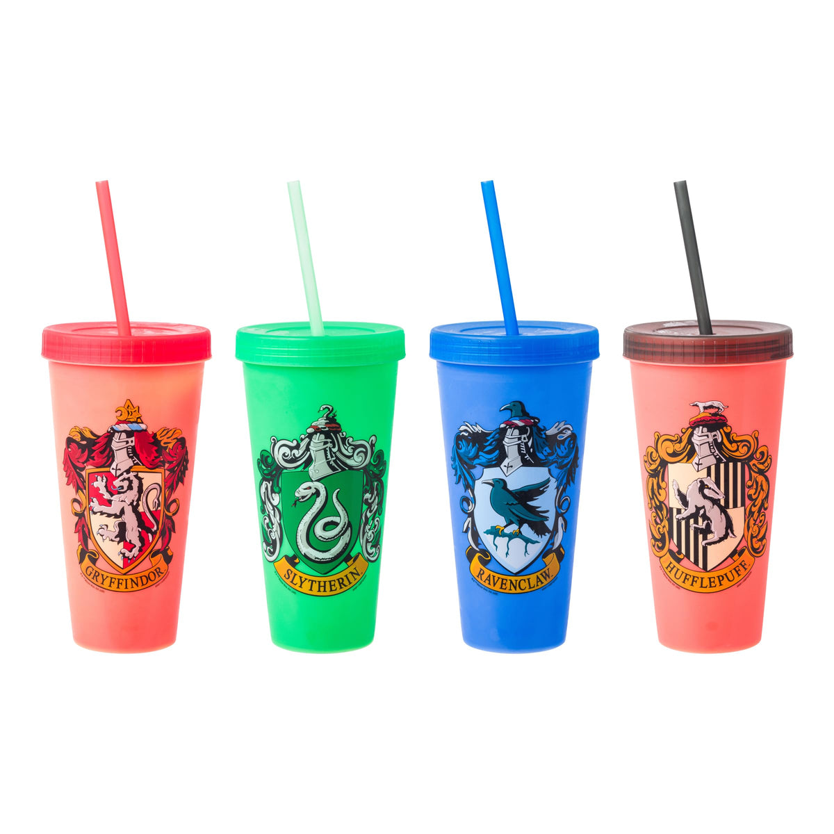 Vaso plástico Silver Buffalo con cambio de color por casa Hogwarts, ideal para bebidas.