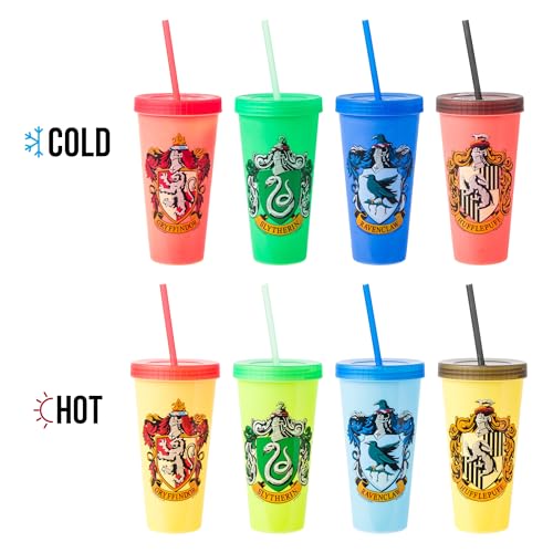Vaso plástico con escudos de casa Harry Potter para fans, color cambia al añadir agua.