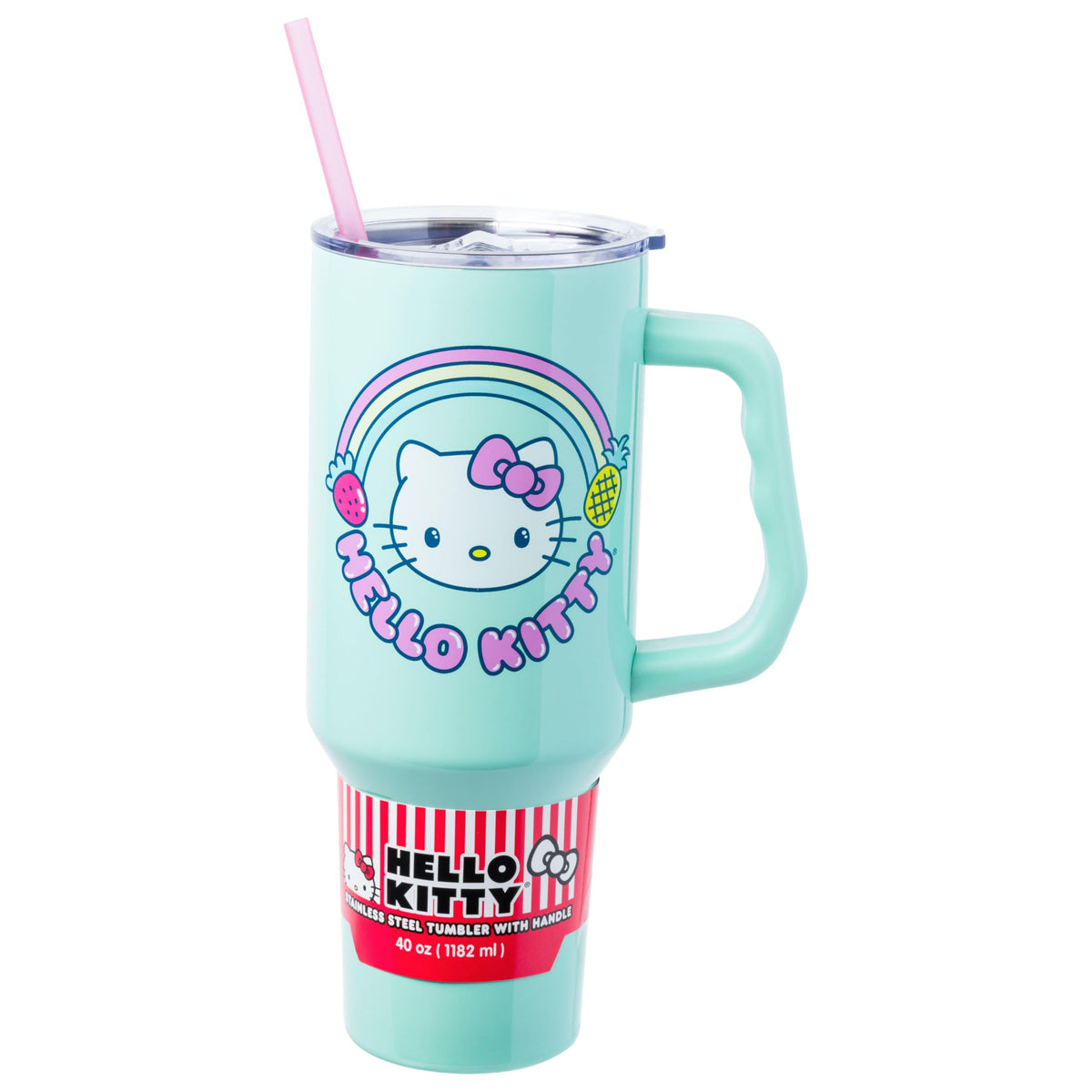 Vaso doble pared Silver Buffalo Hello Kitty con arcoíris, ideal para bebidas frías.