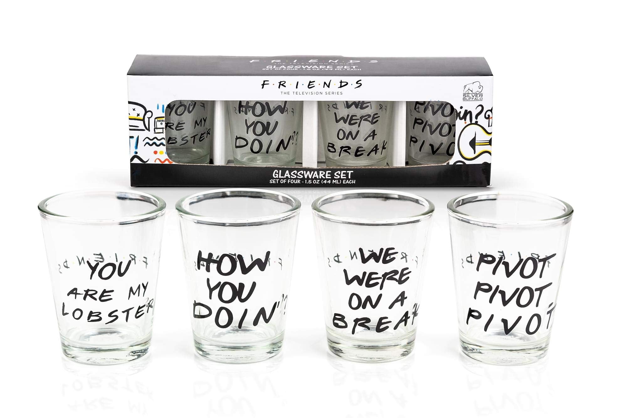Conjunto de vasos mini Silver Buffalo con citas icónicas, ideal para reuniones con amigos.