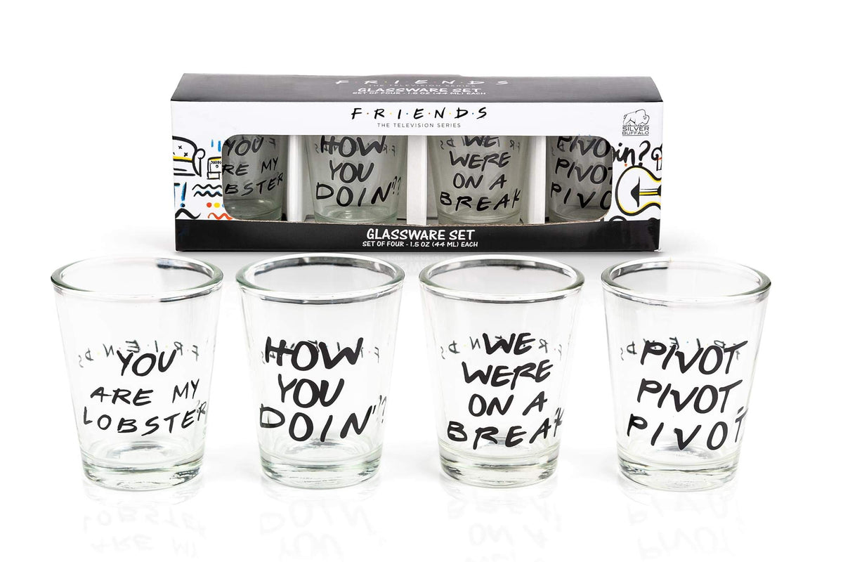 Conjunto de vasos mini Silver Buffalo con citas icónicas, ideal para reuniones con amigos.