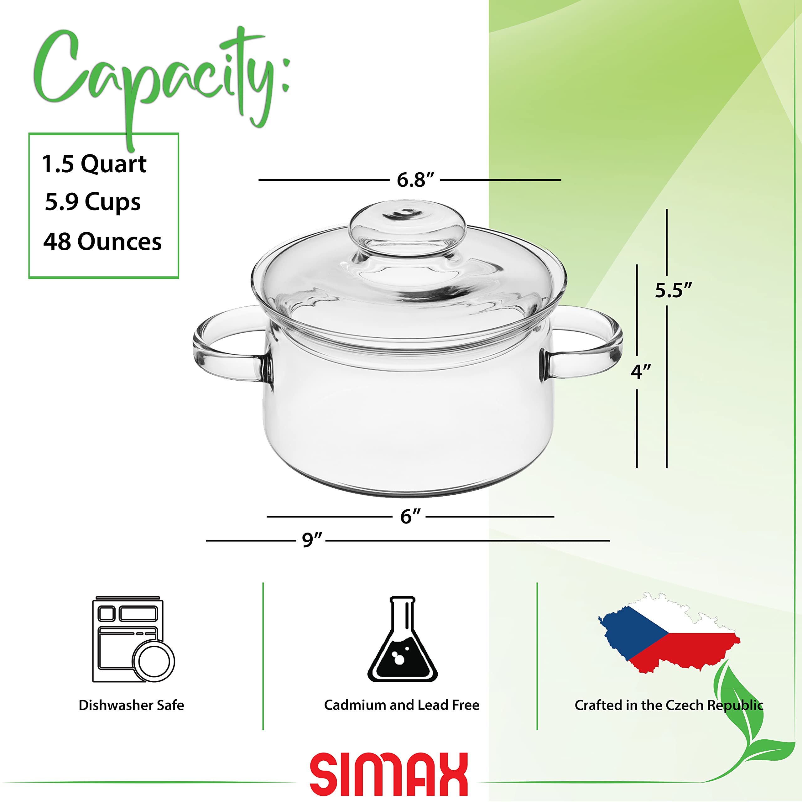 SIMAX vidrio borosilicato 48oz, visión clara de la cocción