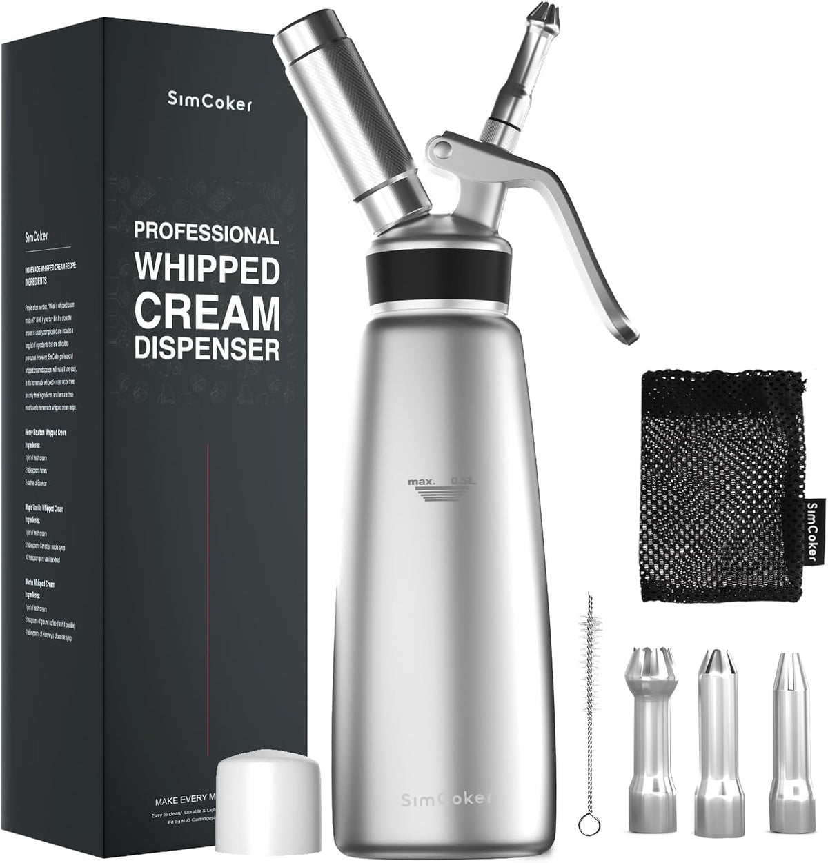 SimCoker espumador crema 500 ml en uso para crema batida suave y esponjosa.