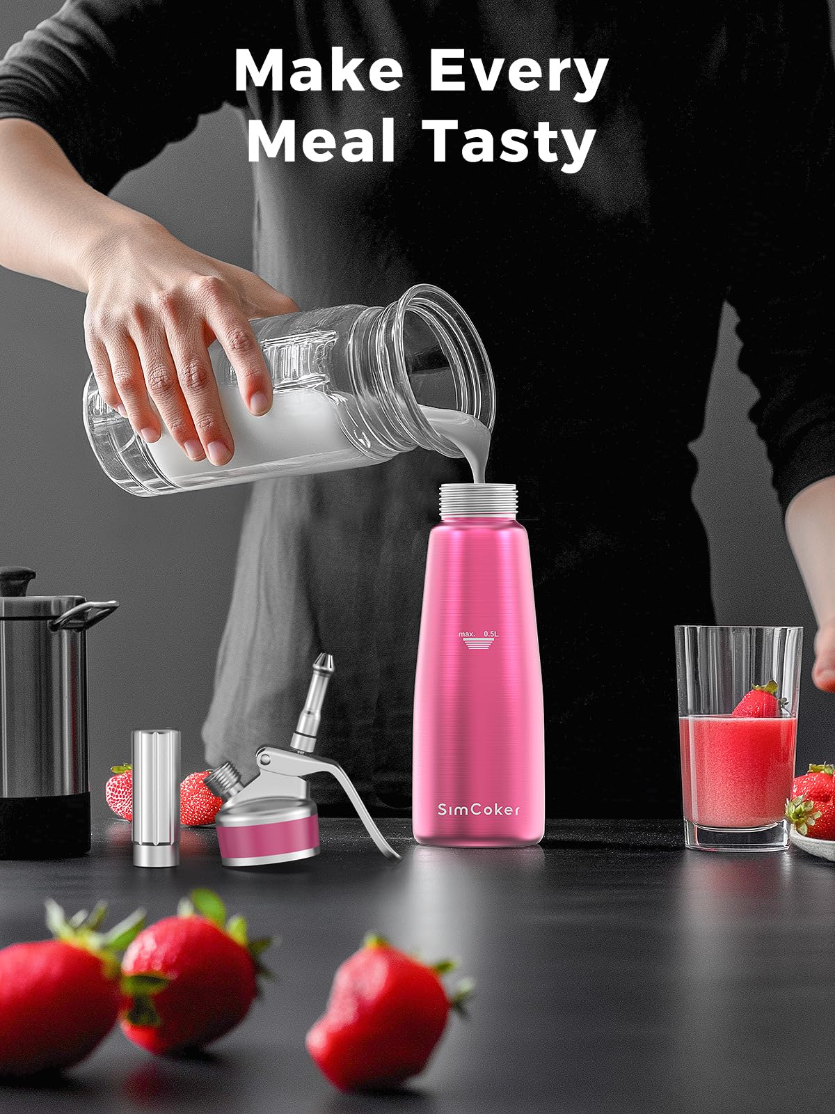 SimCoker usos en casa, crema batida para postres y bebidas.