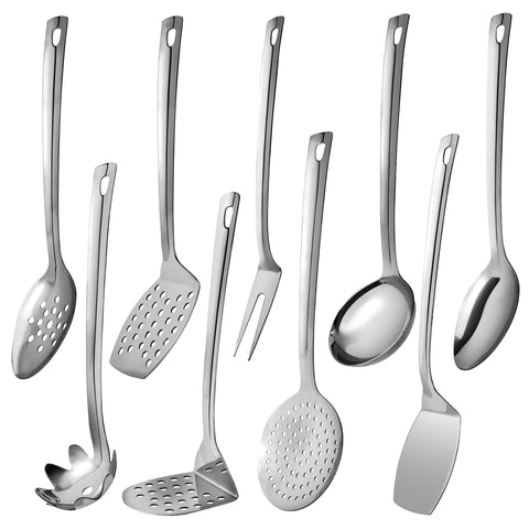 Simcs herramientas de cocina en acero inoxidable, juego de 9 piezas, duradero y fácil de limpiar.