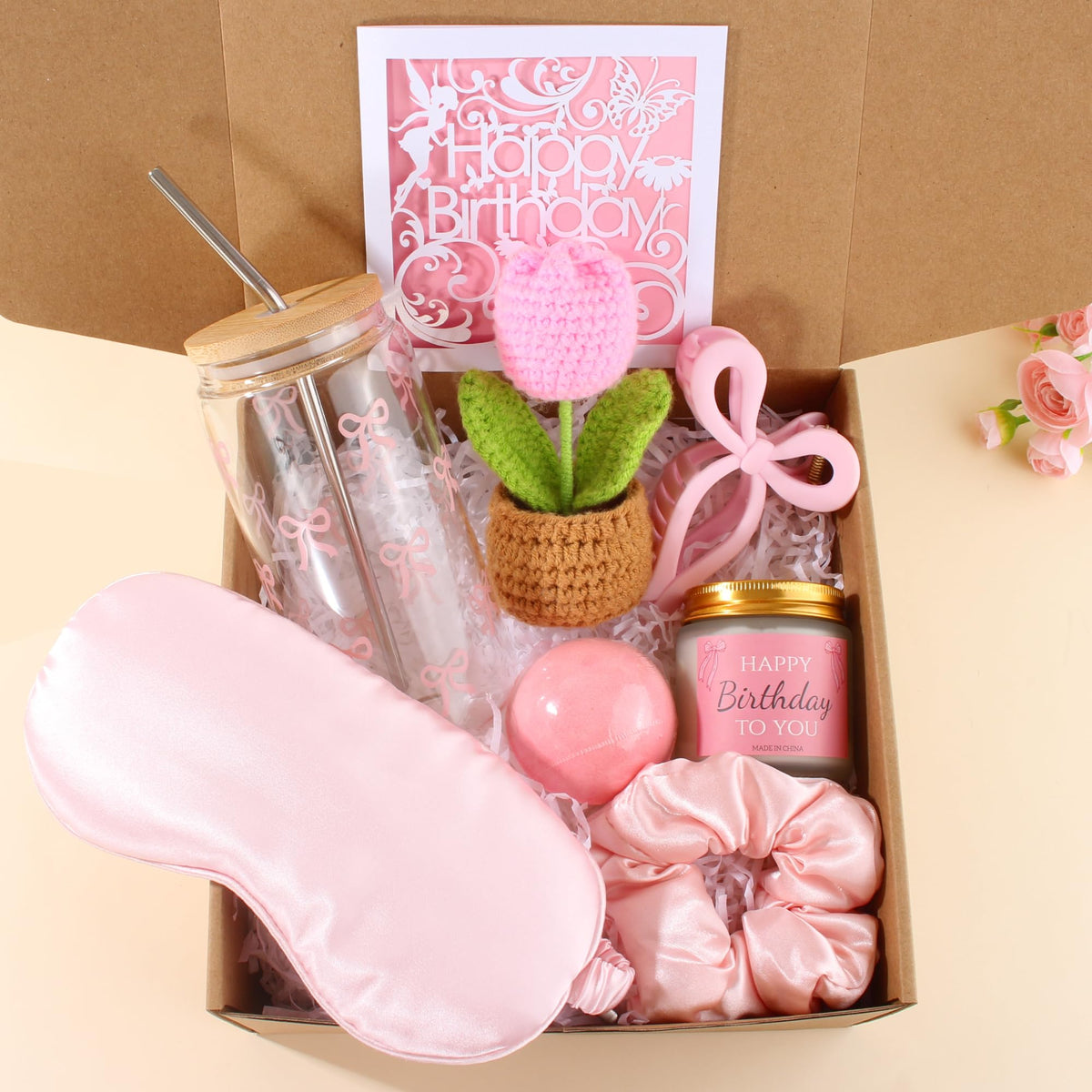 Vaso cristal rosa con lazo de Simneygo, ideal para bebidas con estilo.