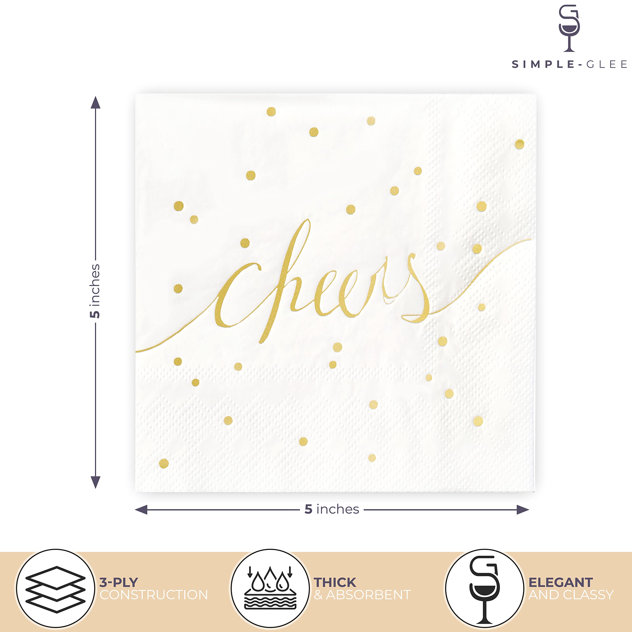 Simple-Glee, servilleta coctel blanca y oro con brillo dorado para ocasiones formales