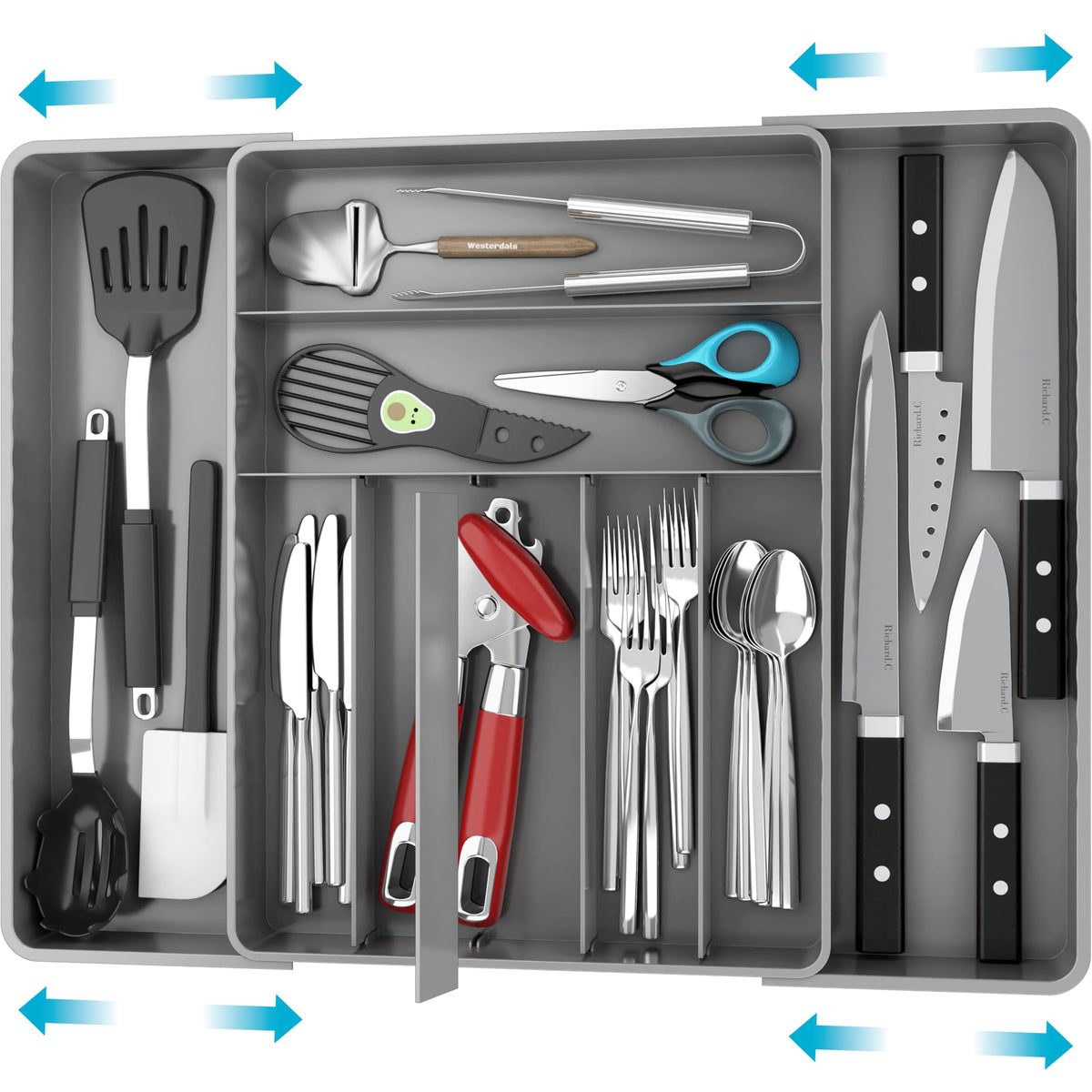 Simple Houseware organizador de cubiertos en cajón extensible, gris, para acceso rápido en la cocina.